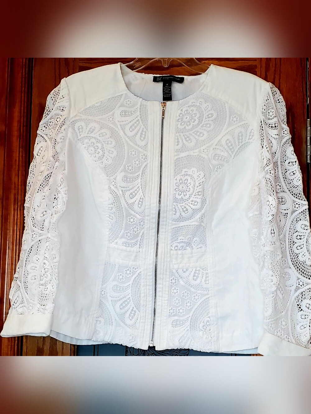 INC International Concepts Linen White Lace Zip Front Cotton Jean Jacket Size 1x